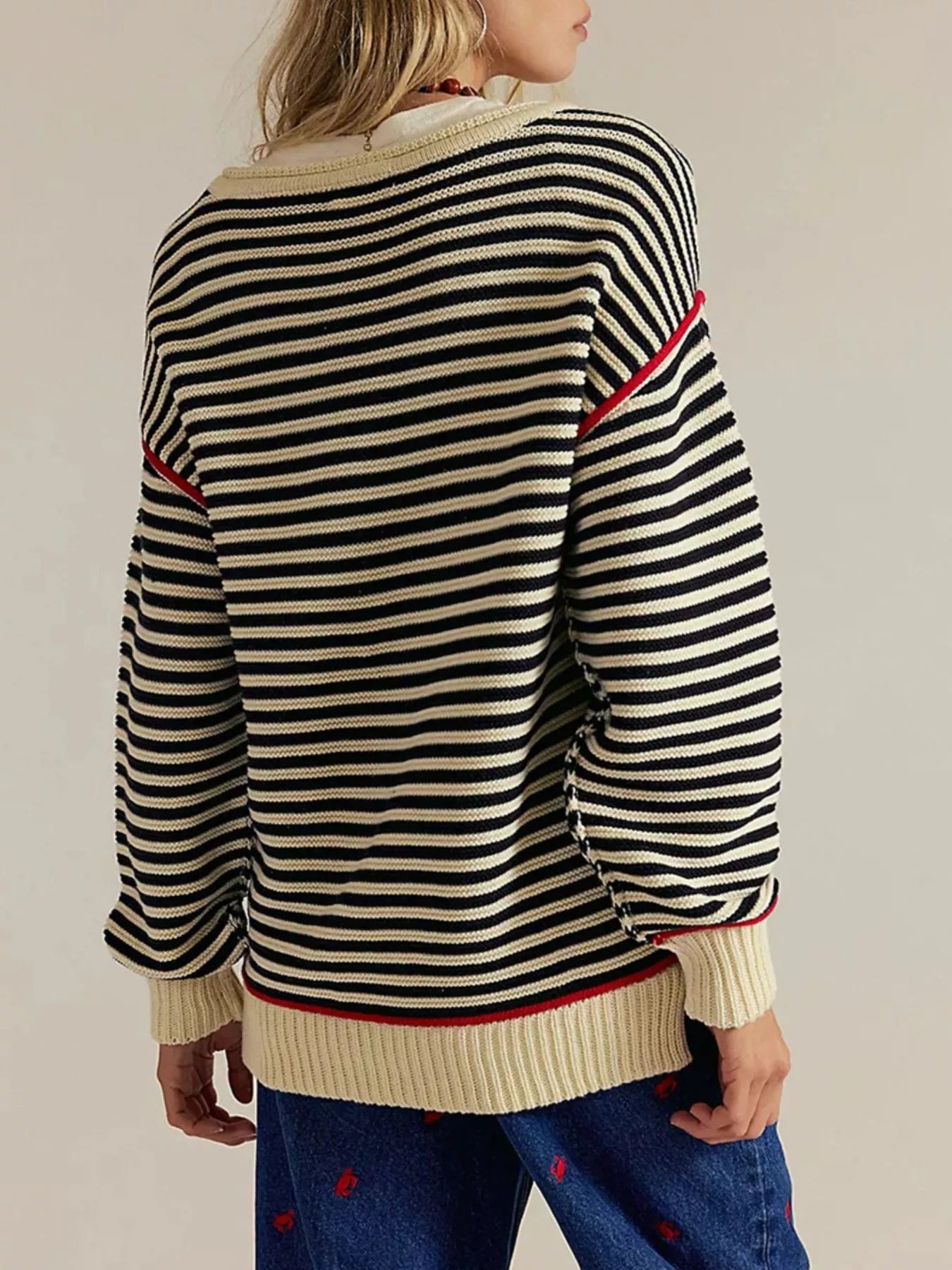Striped Knit Round Neck Sweater - PBNJ FASHIONS