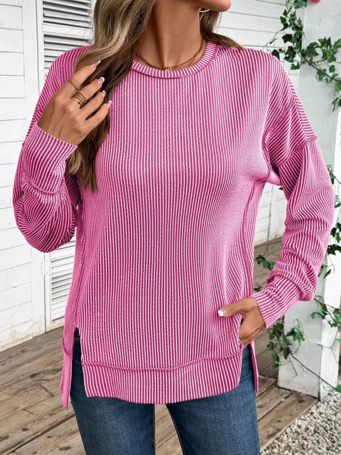 Side Slit Round Neck Sweatshirt - PBNJ FASHIONS