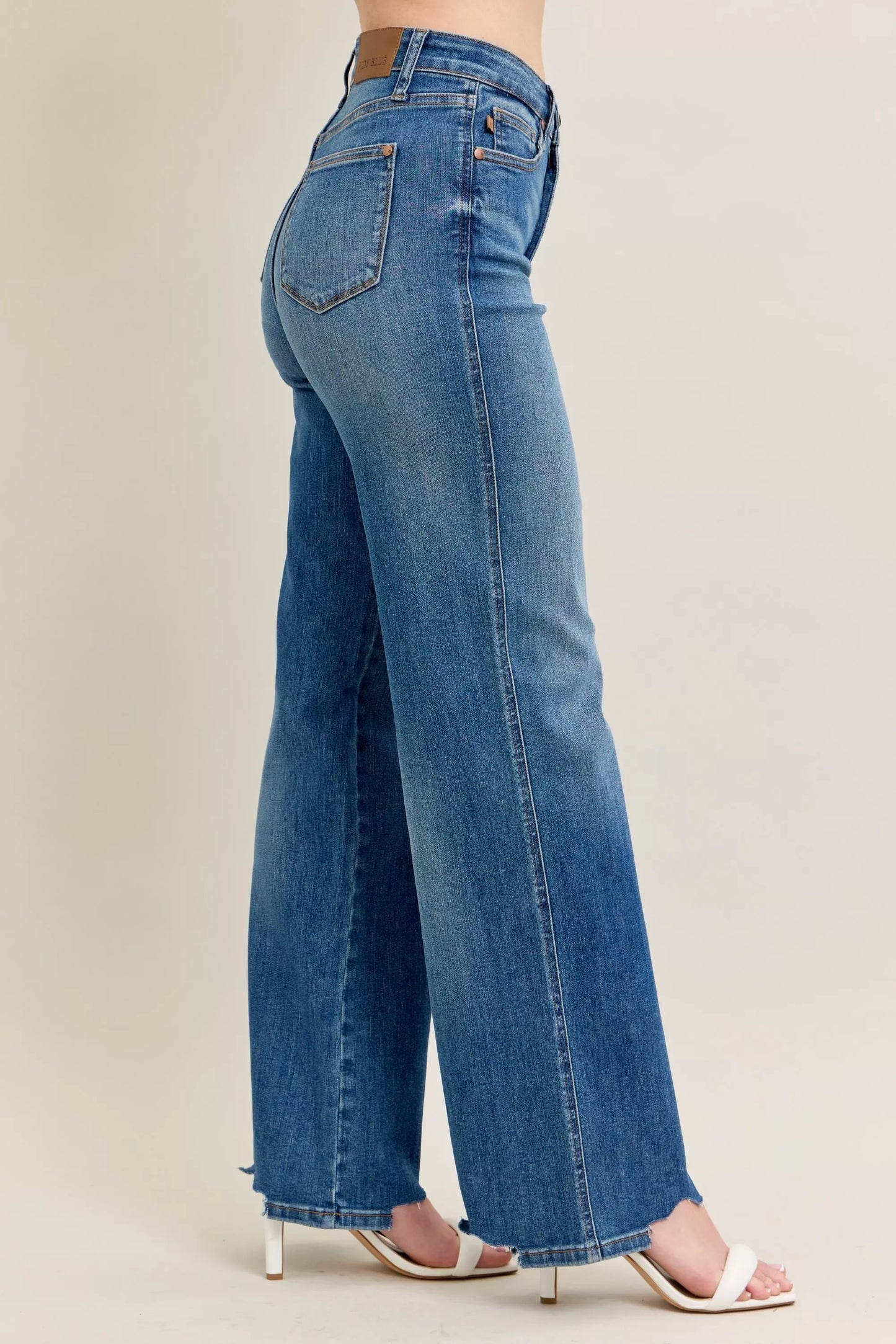 Judy Blue Full Size High Waist Tummy Control Chew Hem Destroy Wide Jeans Plus Size - PBNJ FASHIONS