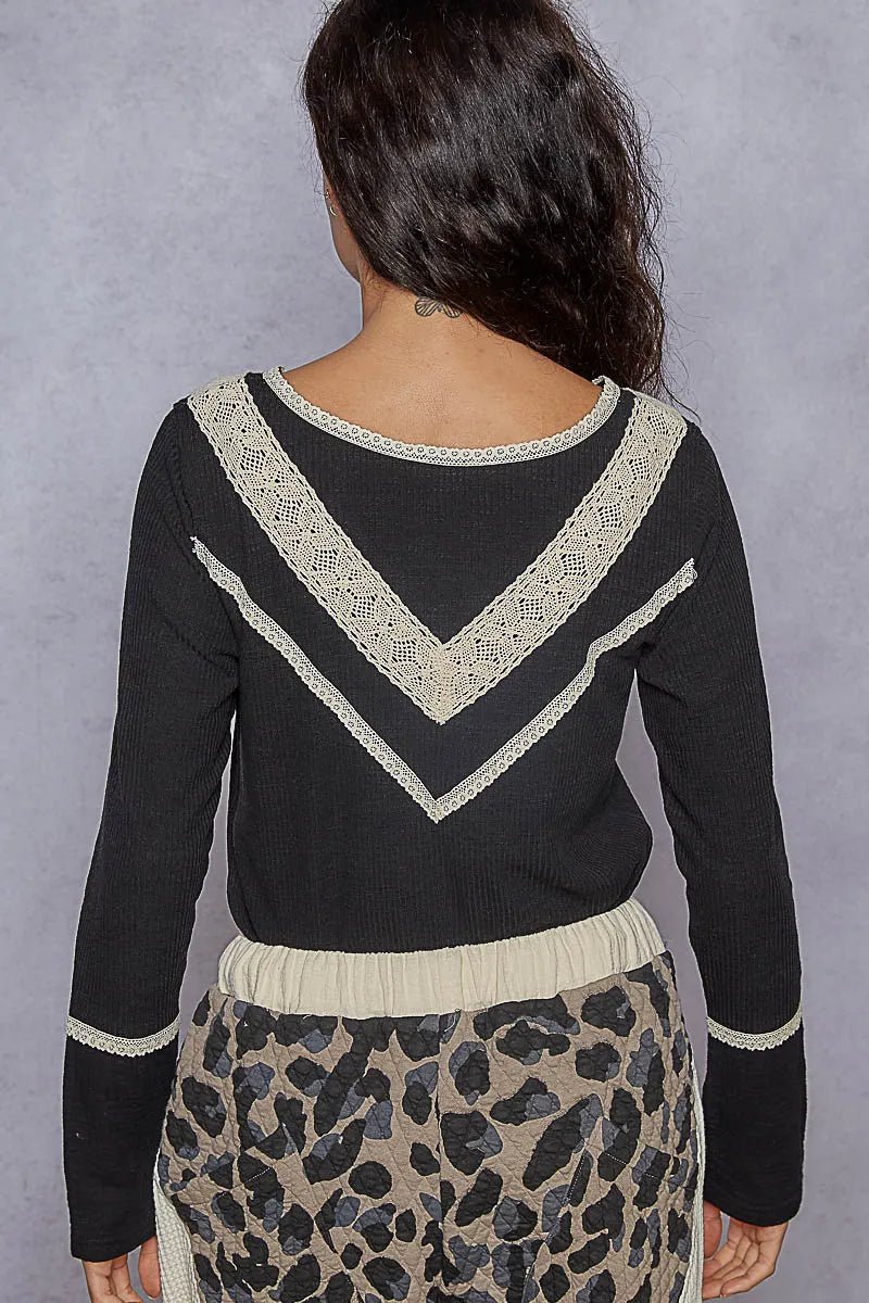 POL Ribbed Half Button Lace Detail Knit Top - PBNJ FASHIONS