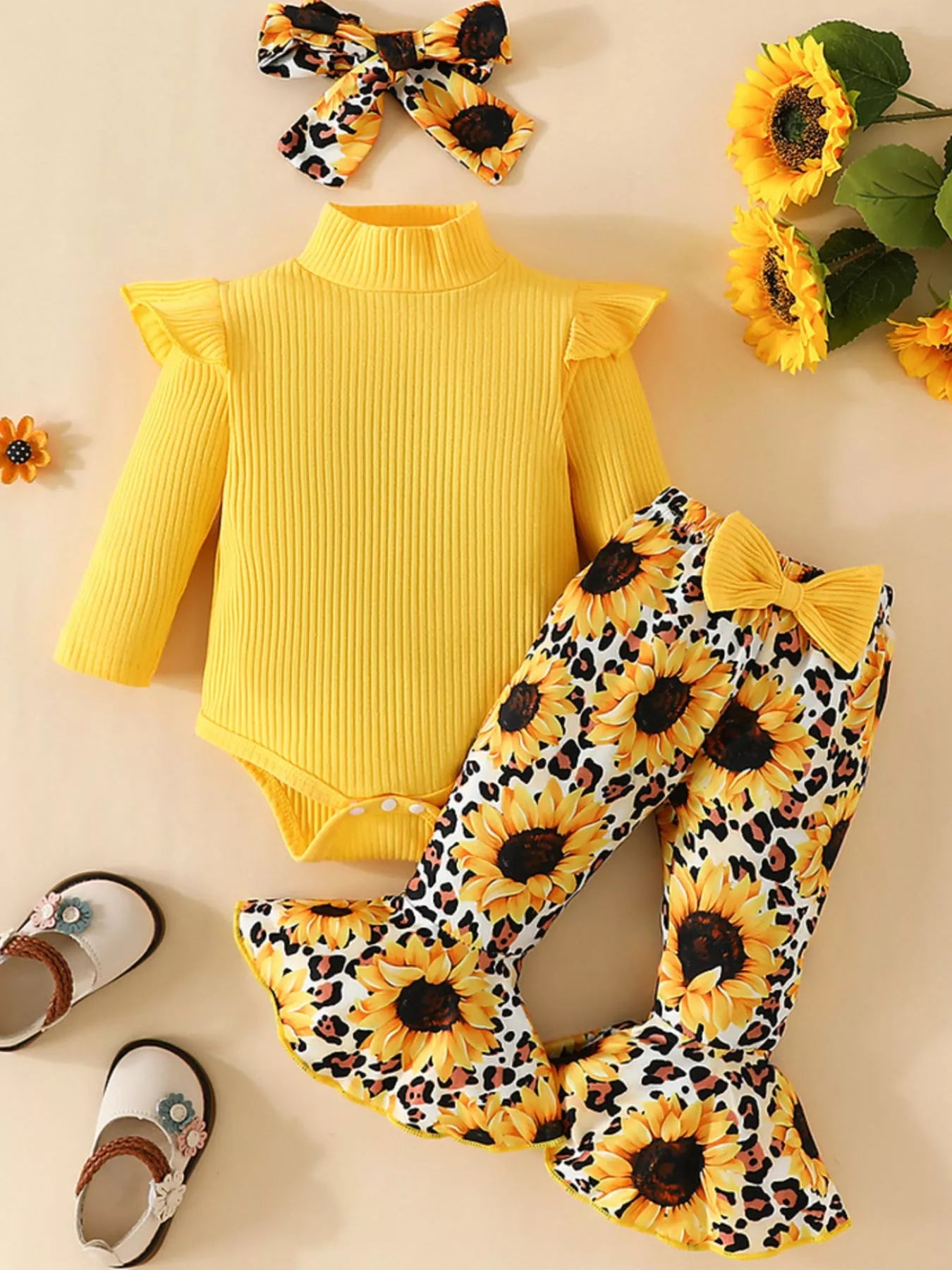 Children's Ruffled Bodysuit and Sunflower Pants Set - PBNJ FASHIONS