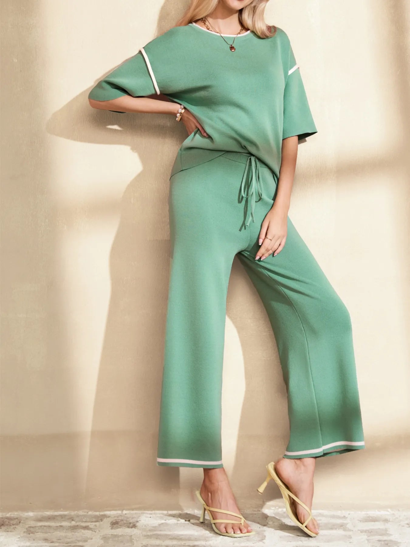 Contrast Trim T-Shirt and Drawstring Pants Set - PBNJ FASHIONS