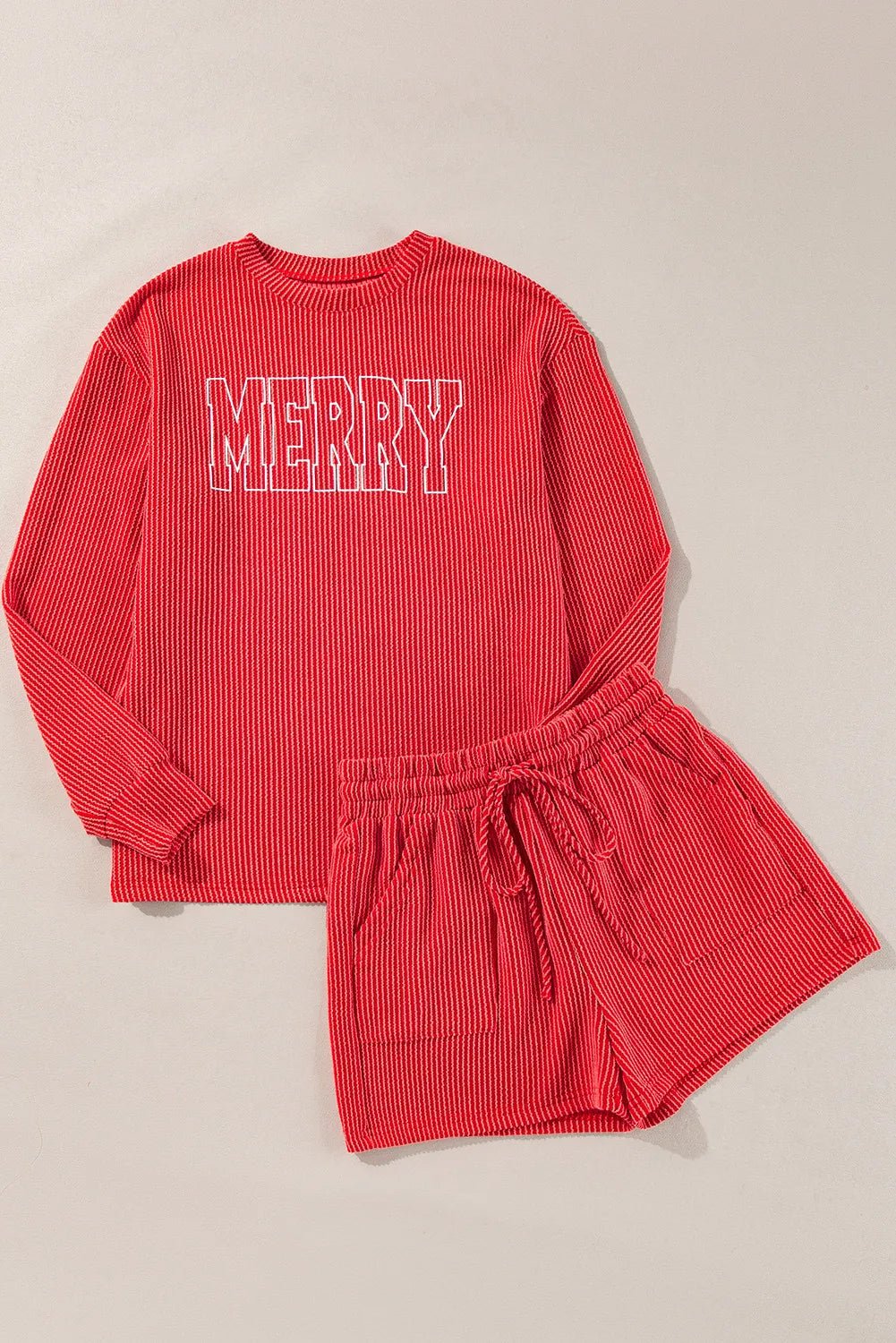 MERRY Round Neck Long Sleeve Top and Shorts Lounge Set - PBNJ FASHIONS