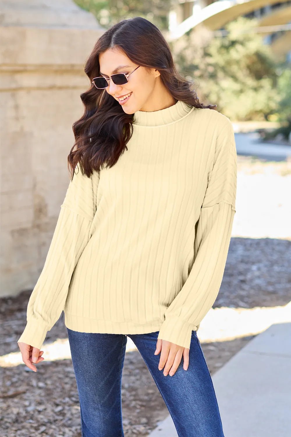 Basic Bae Full Size Ribbed Exposed Seam Mock Neck Knit Top - PBNJ FASHIONS