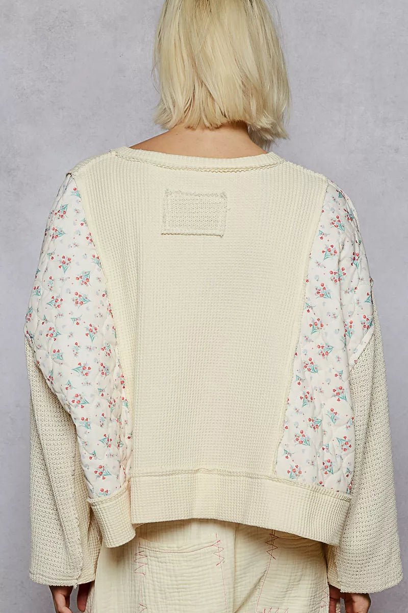 POL Mix Thermal Floral Pattern Quilted Knit Cropped Top with Raw Edge Detail - PBNJ FASHIONS