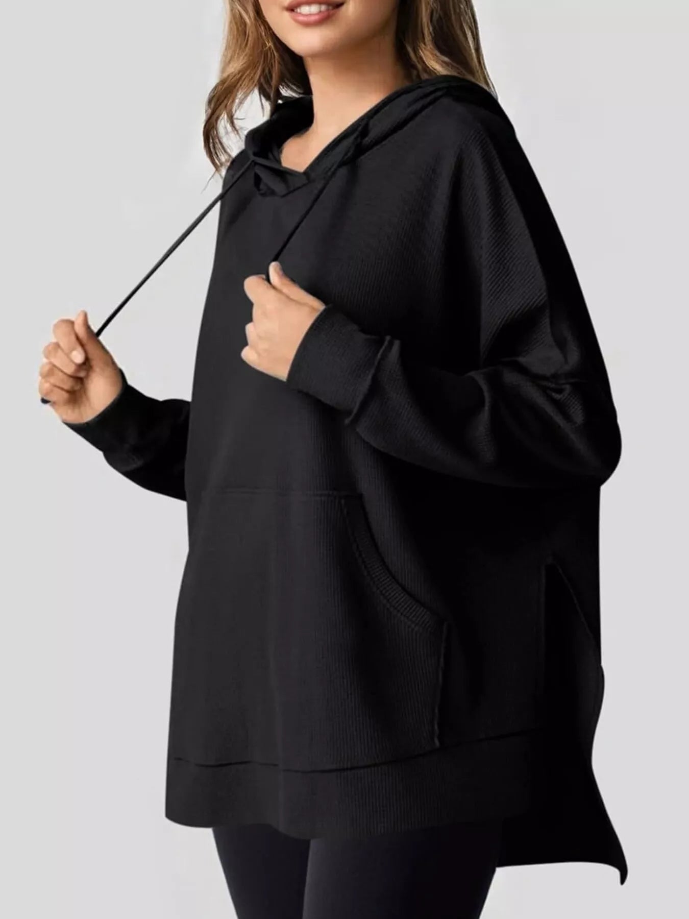 Oversized Drawstring Side Slit Hoodie - PBNJ FASHIONS