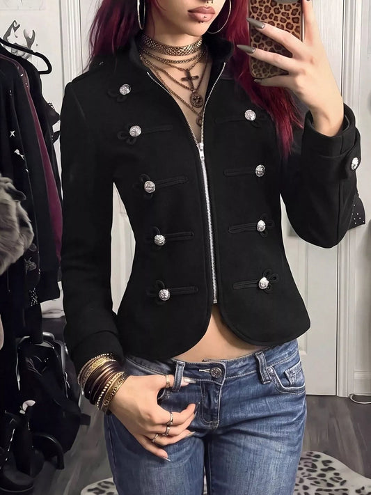 Decorative Button Zip Up Outerwear - PBNJ FASHIONS