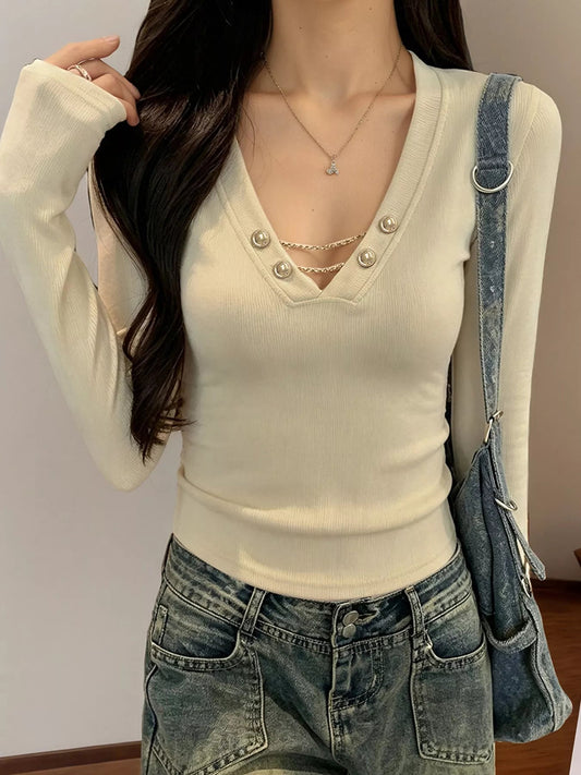 Decorative Pearl Buttons V-Neck Long Sleeve T-Shirt - PBNJ FASHIONS