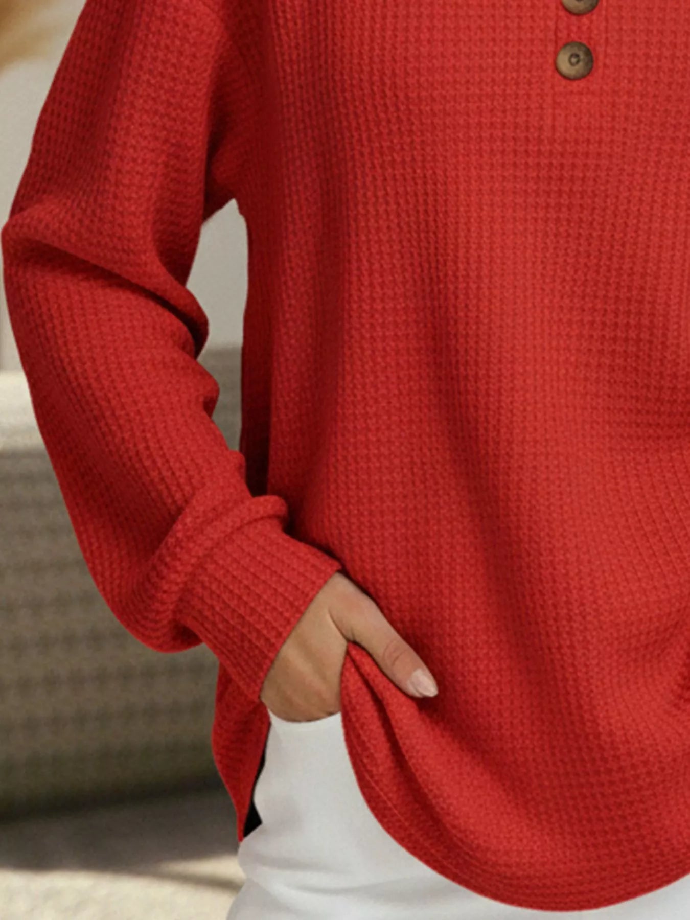 Full Size Casual Waffle Knit Long Sleeve T-Shirt Plus Size - PBNJ FASHIONS