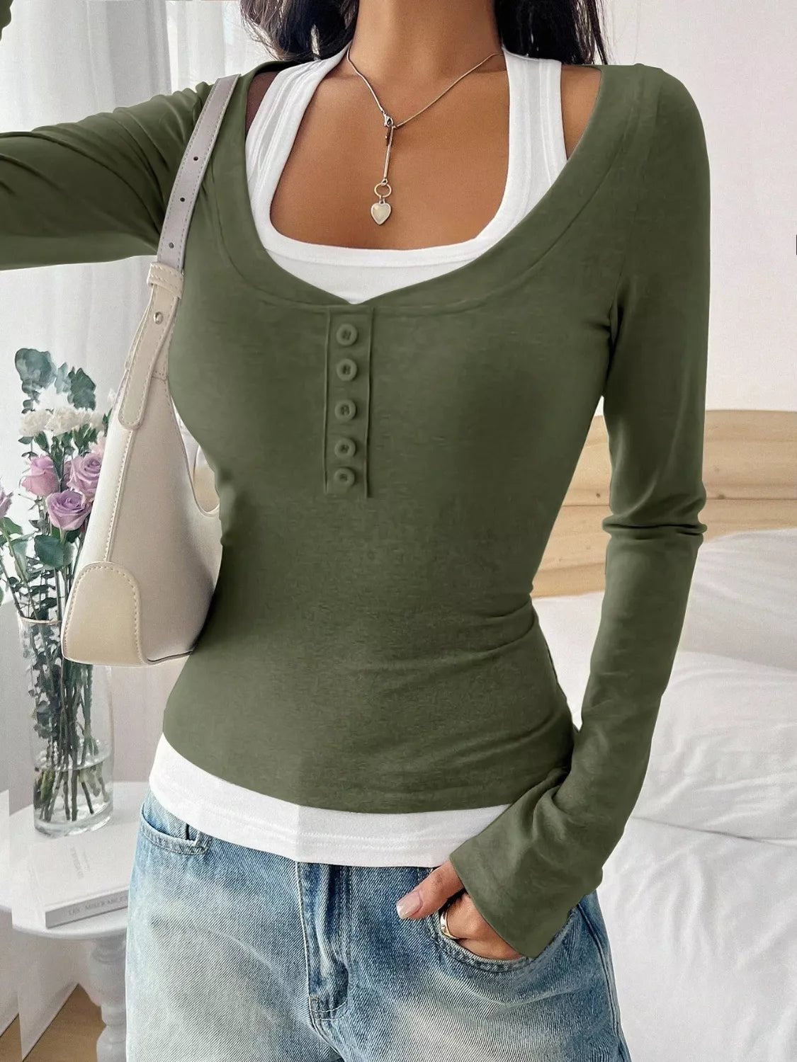 Contrast Long Sleeve Fake Two - Piece T-Shirt - PBNJ FASHIONS