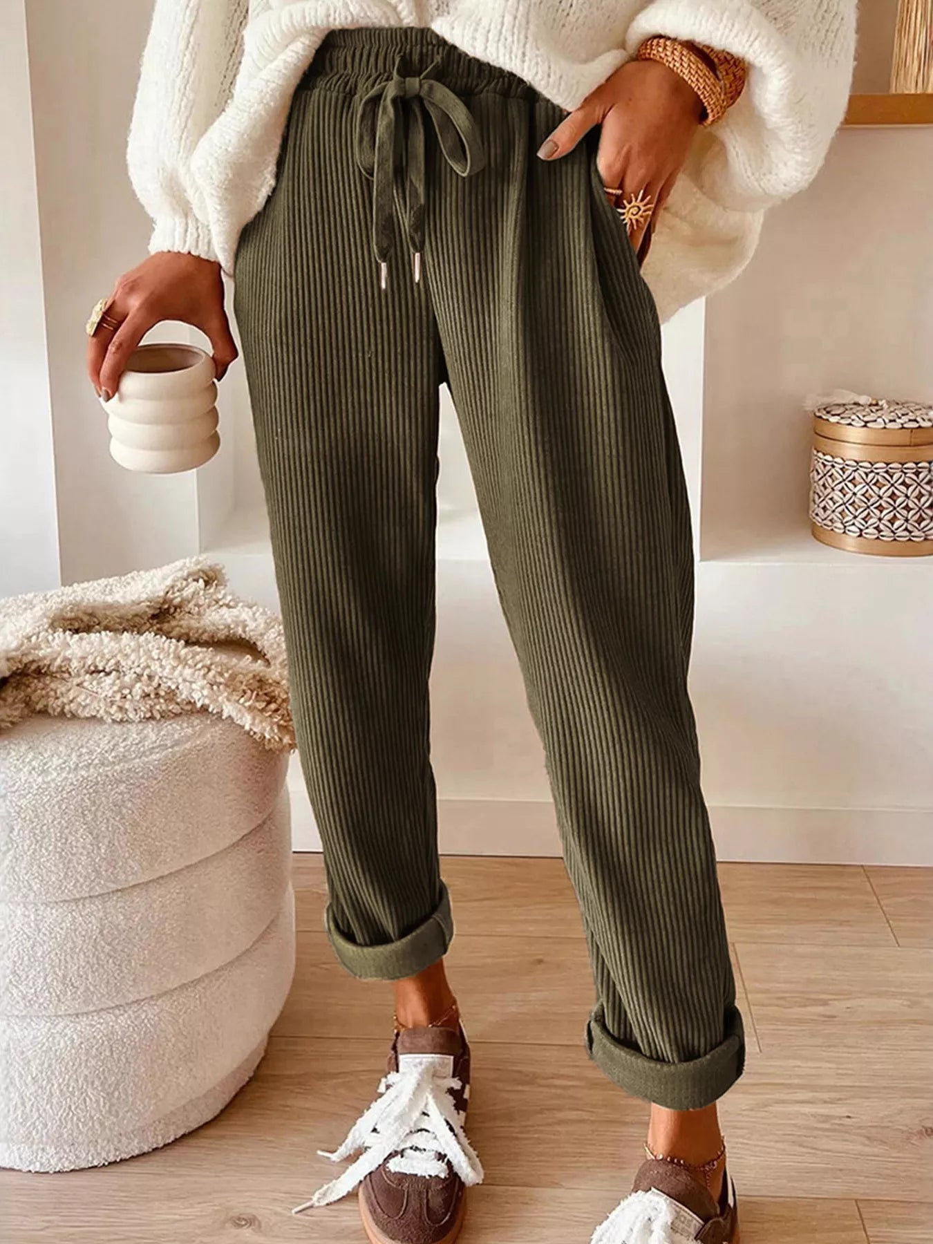 Casual Corduroy Drawstring Waist Pants - PBNJ FASHIONS