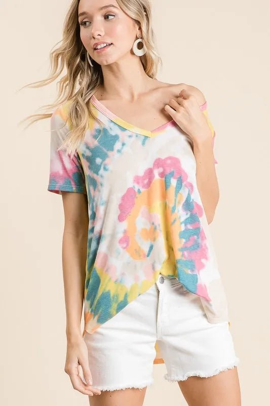 BiBi Circular Tie Dye Print V Neck Top - PBNJ FASHIONS