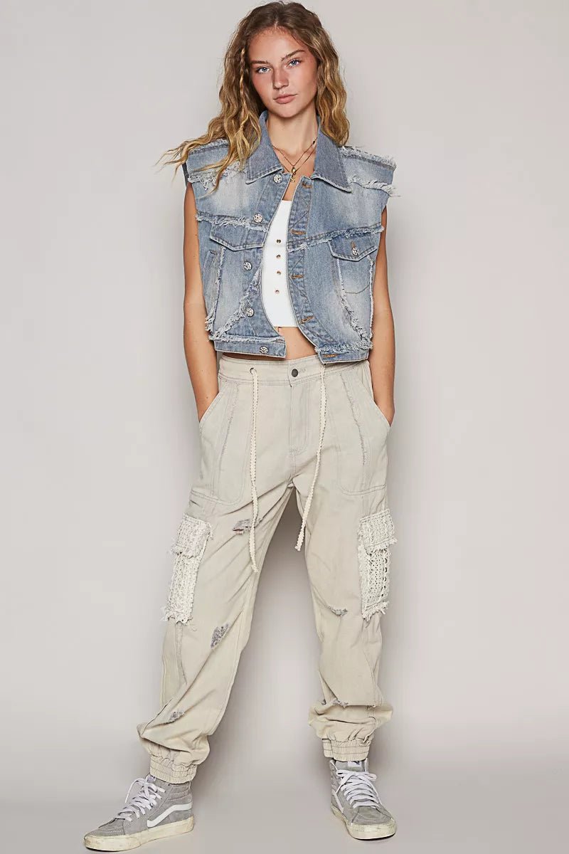 POL Assymetrical Front Closure Raw Hem Denim Vest - PBNJ FASHIONS