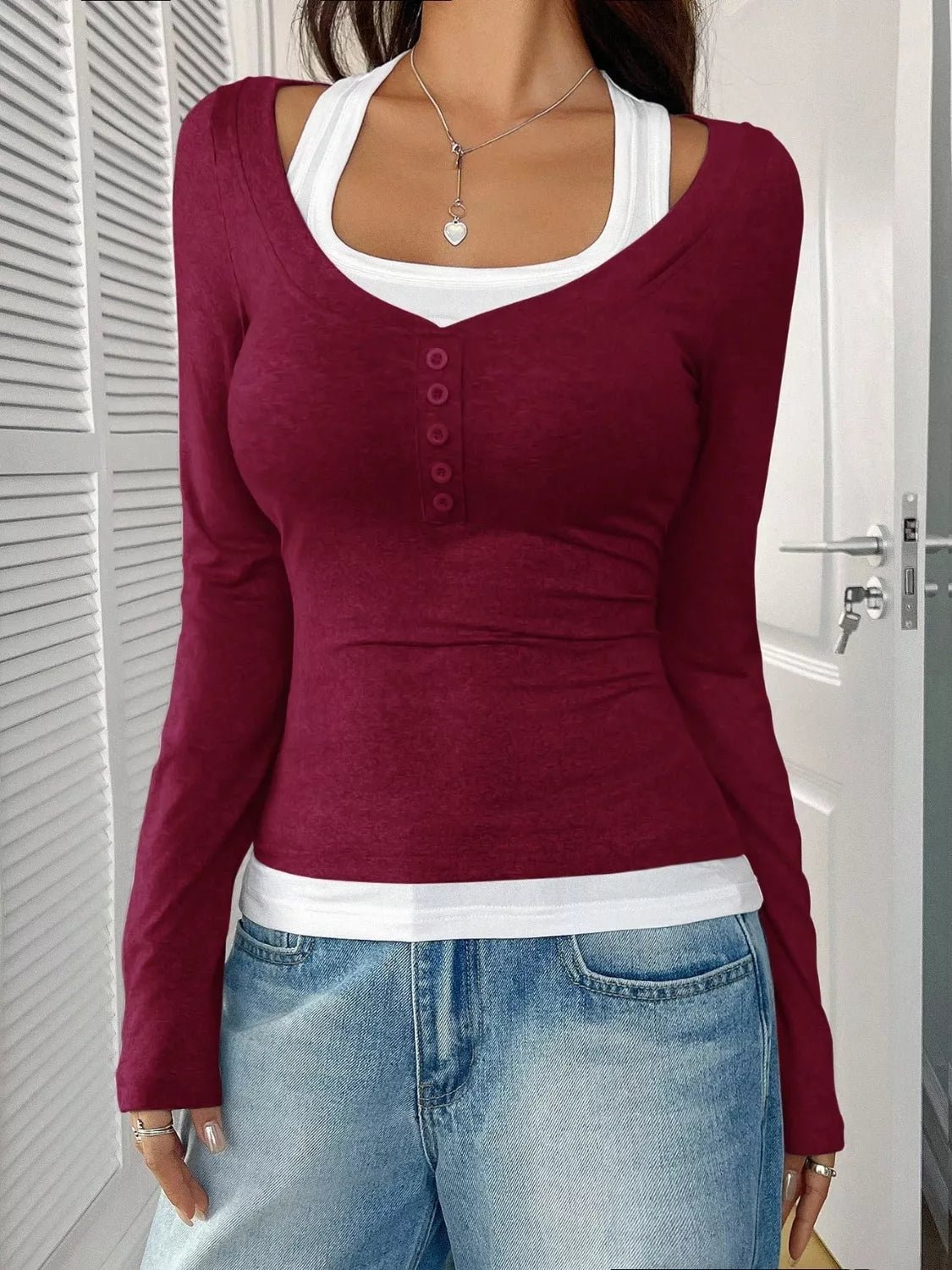 Contrast Long Sleeve Fake Two - Piece T-Shirt - PBNJ FASHIONS