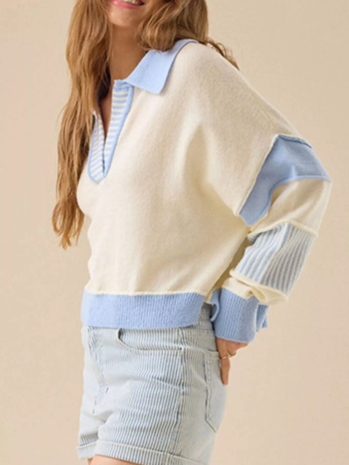 Pastel Blue and Light Yellow Color Block Dropped Shoulder Sweater - Cream-S- - PBNJ FASHIONS