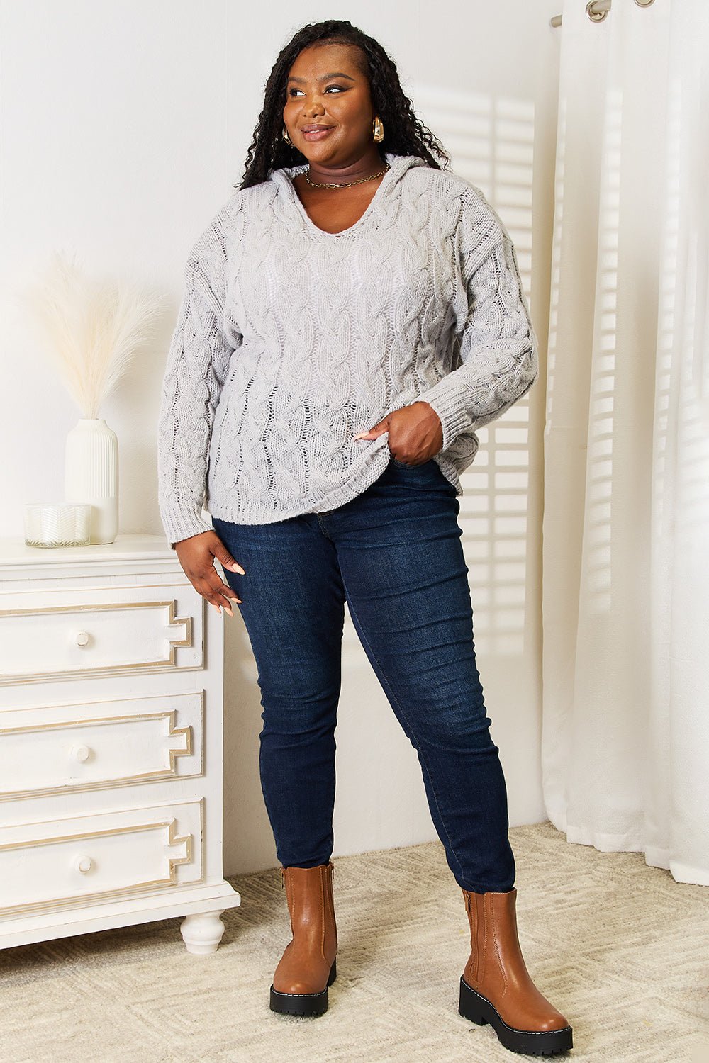 Woven Right Cable - Knit Hooded Sweater - PBNJ FASHIONS