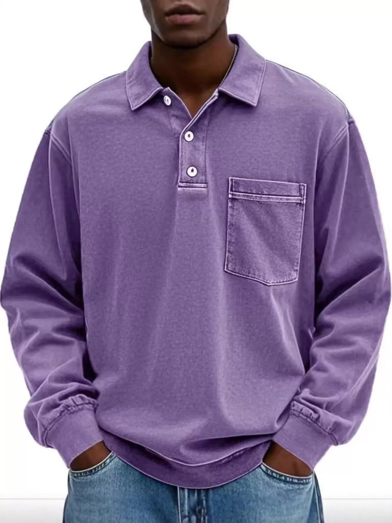 Men's Full Size Vintage Button Detail Long Sleeve Polo Plus Size - PBNJ FASHIONS