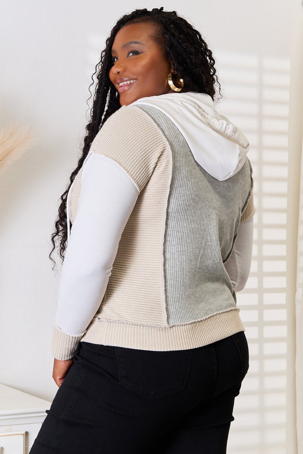 Double Take Color Block Exposed Seam Drawstring Hoodie - PBNJ FASHIONS