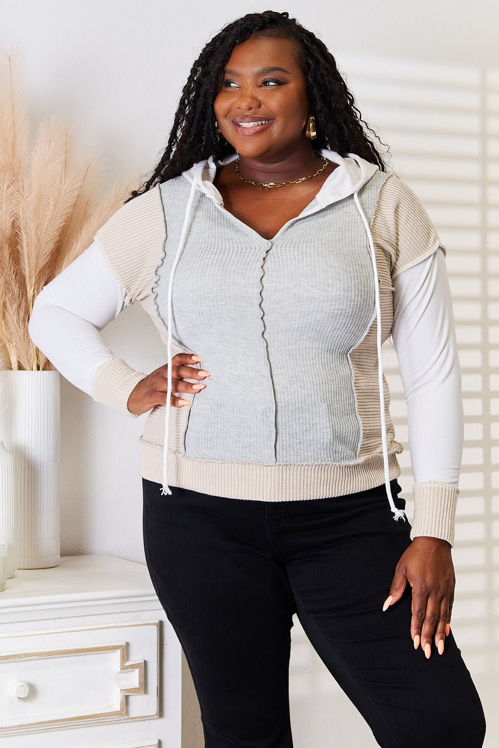 Double Take Color Block Exposed Seam Drawstring Hoodie - PBNJ FASHIONS