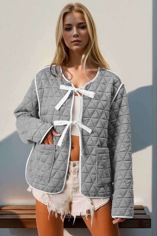 Double Take Contrast Trim Tie Front Quilted Jacket with Pockets - PBNJ FASHIONS