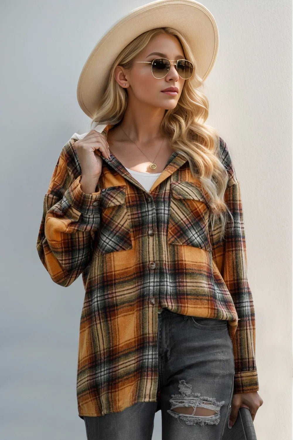 Double Take Drawstring Plaid Long Sleeve Hooded Shacket - PBNJ FASHIONS