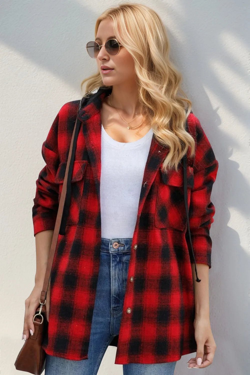 Double Take Drawstring Plaid Long Sleeve Hooded Shacket - PBNJ FASHIONS