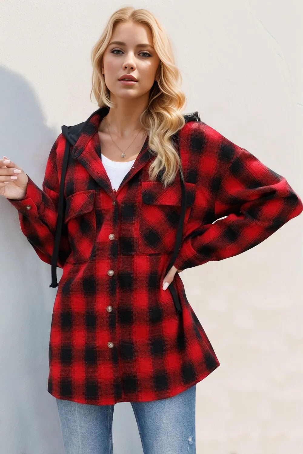 Double Take Drawstring Plaid Long Sleeve Hooded Shacket - PBNJ FASHIONS