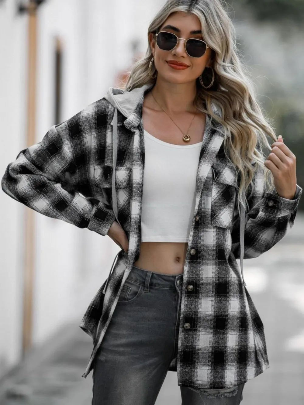 Double Take Drawstring Plaid Long Sleeve Hooded Shacket - PBNJ FASHIONS