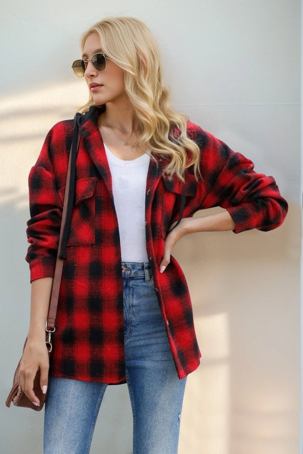 Double Take Drawstring Plaid Long Sleeve Hooded Shacket - PBNJ FASHIONS
