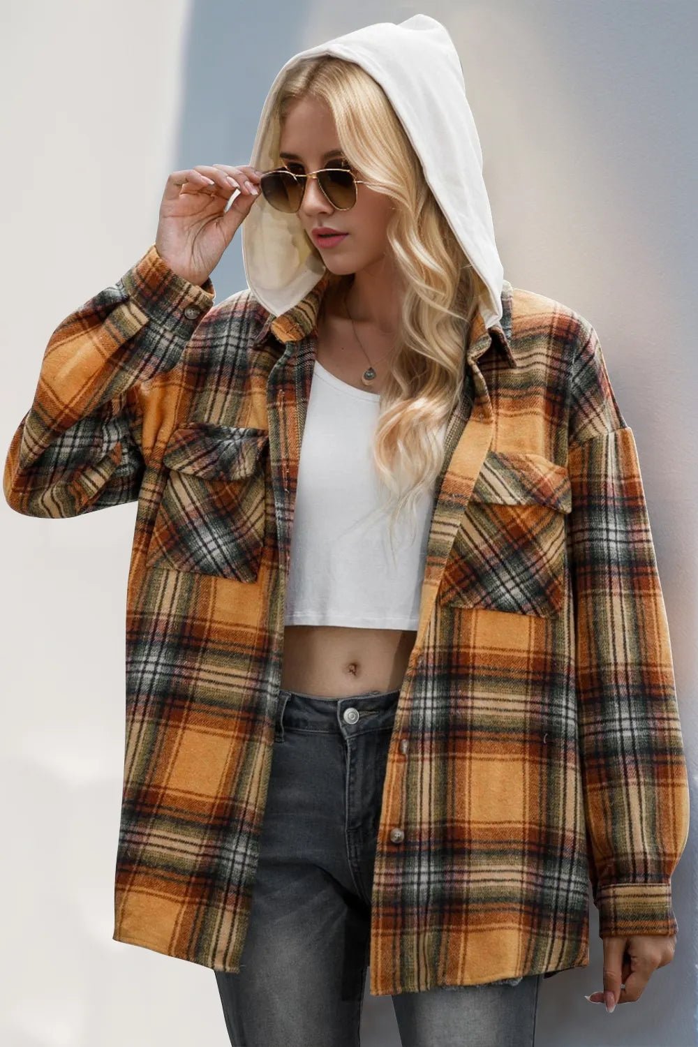 Double Take Drawstring Plaid Long Sleeve Hooded Shacket - PBNJ FASHIONS