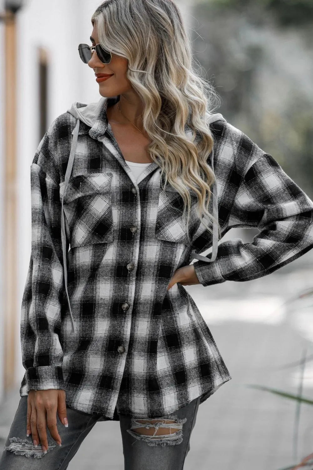 Double Take Drawstring Plaid Long Sleeve Hooded Shacket - PBNJ FASHIONS