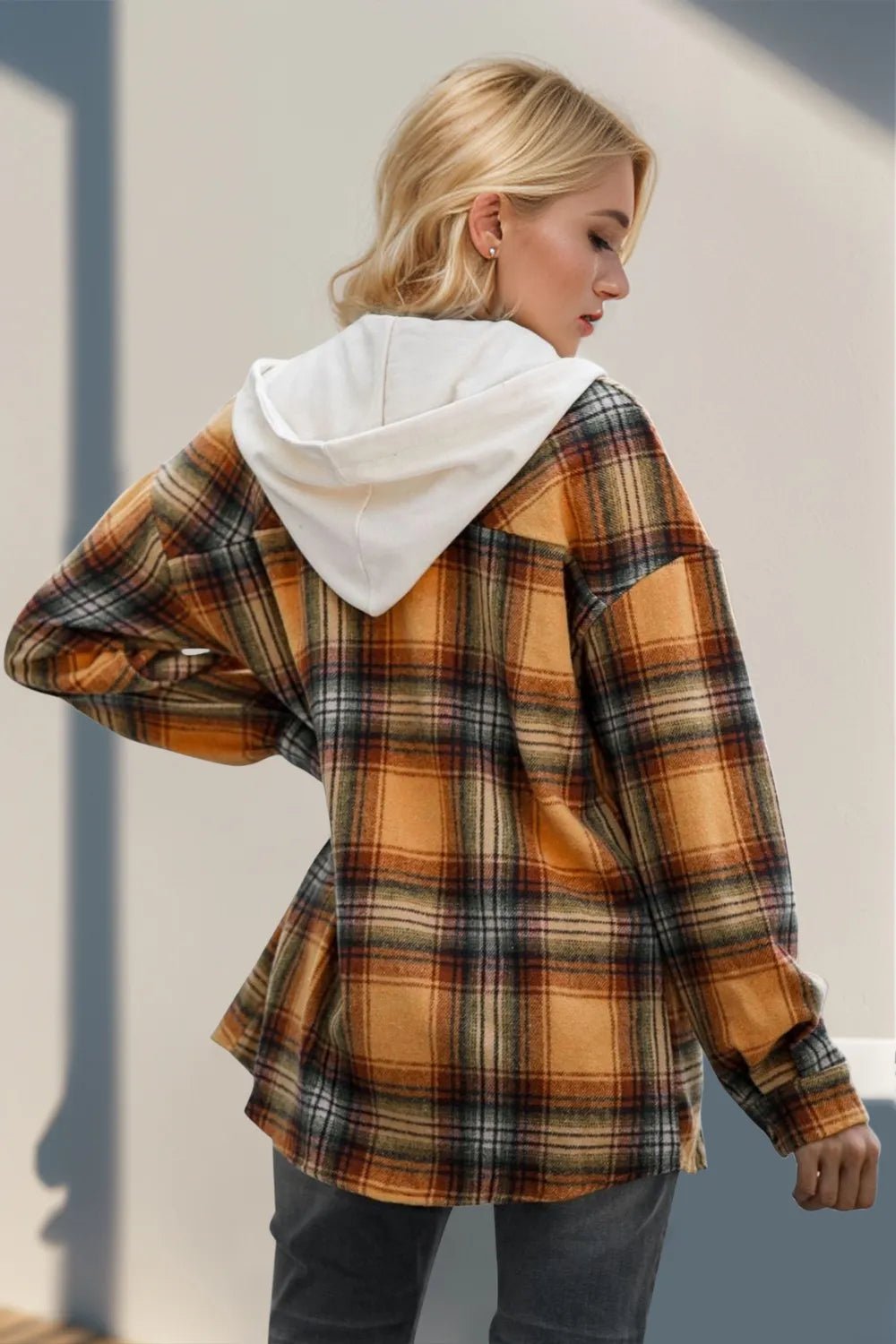 Double Take Drawstring Plaid Long Sleeve Hooded Shacket - PBNJ FASHIONS