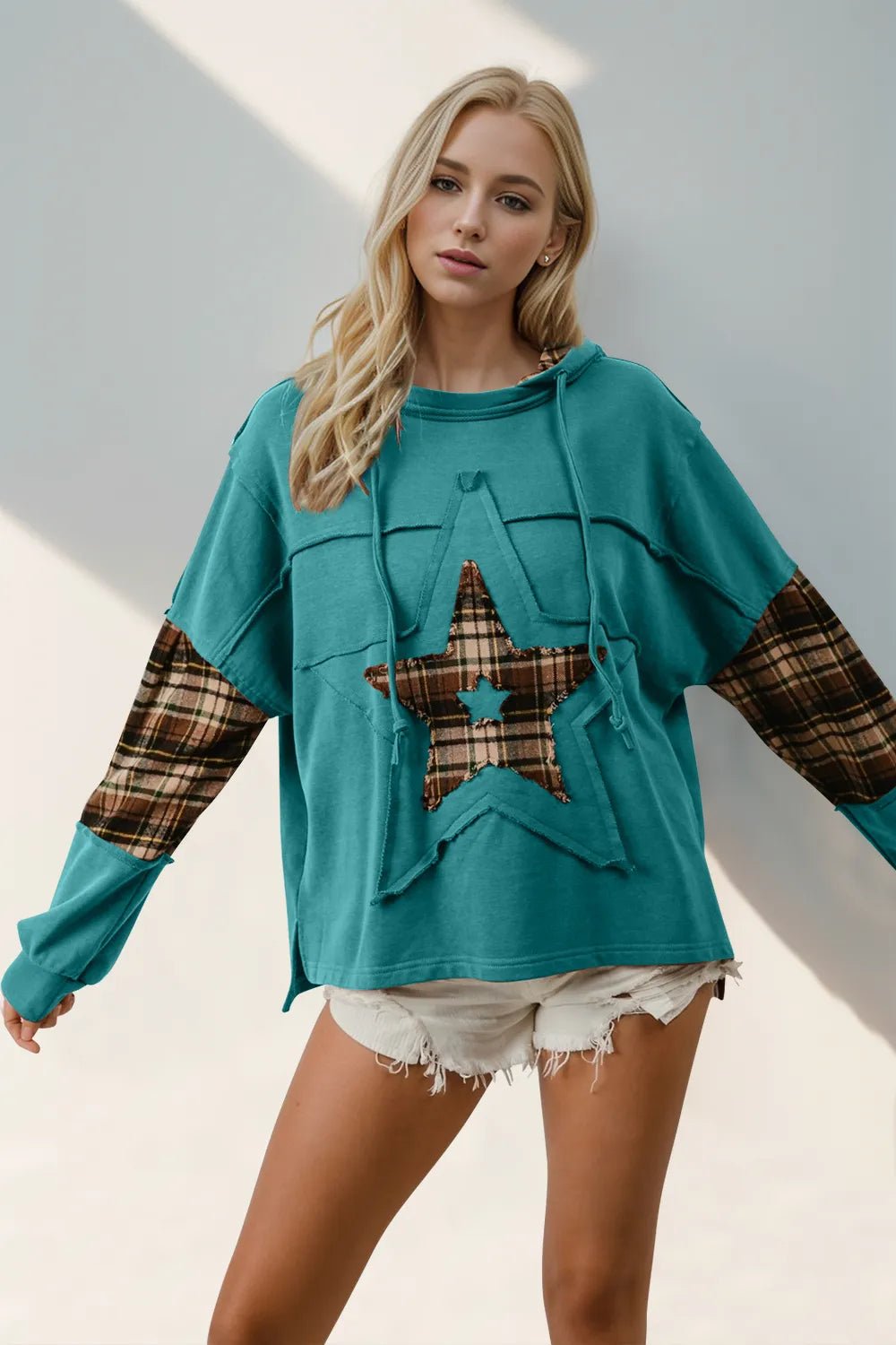 Double Take Drawstring Plaid Star Patch Long Sleeve Hoodie - PBNJ FASHIONS