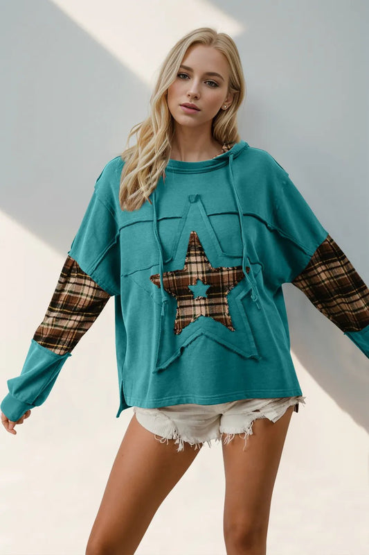 Double Take Drawstring Plaid Star Patch Long Sleeve Hoodie - PBNJ FASHIONS