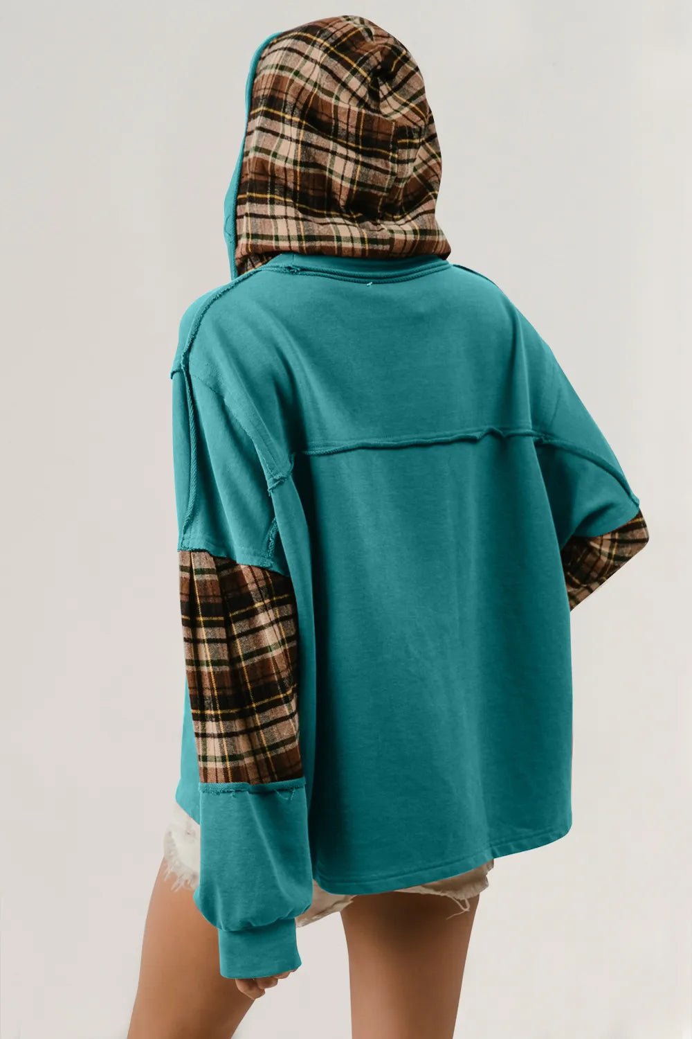 Double Take Drawstring Plaid Star Patch Long Sleeve Hoodie - PBNJ FASHIONS