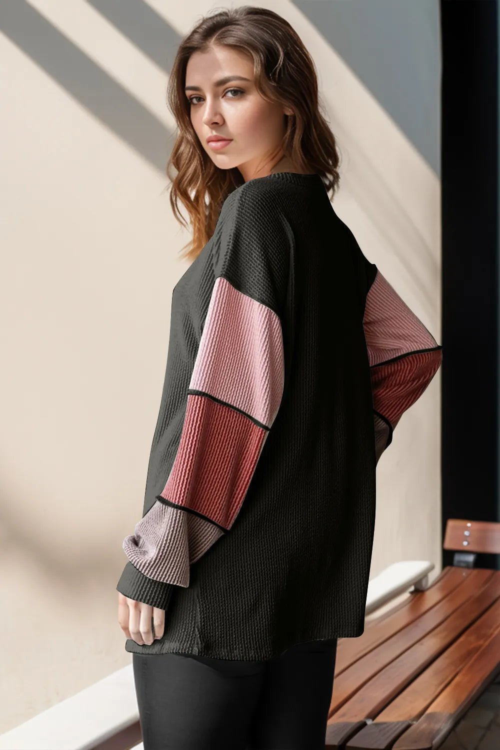Double Take Full Size Color Block Round Neck Long Sleeve T-Shirt - PBNJ FASHIONS