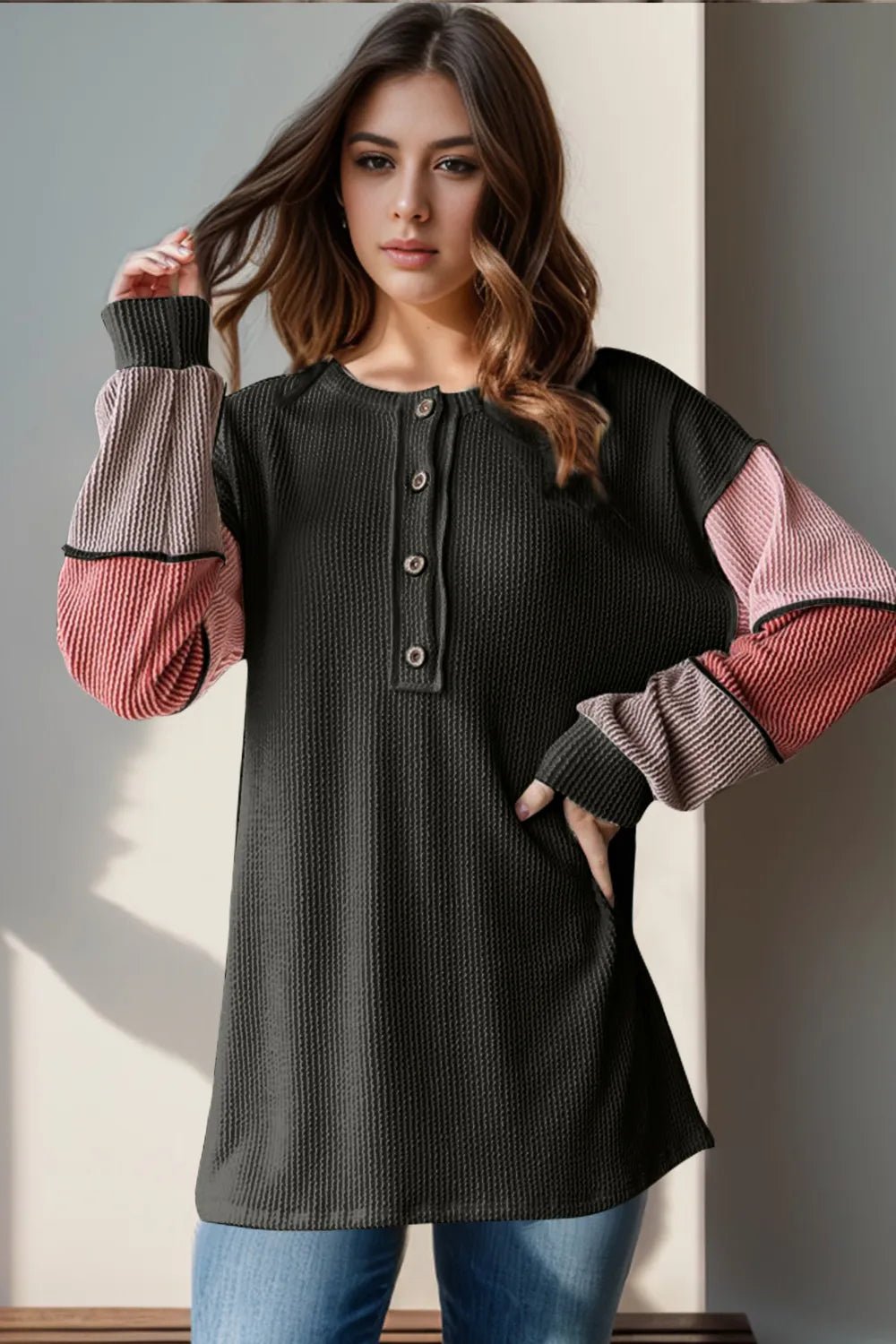 Double Take Full Size Color Block Round Neck Long Sleeve T-Shirt - PBNJ FASHIONS