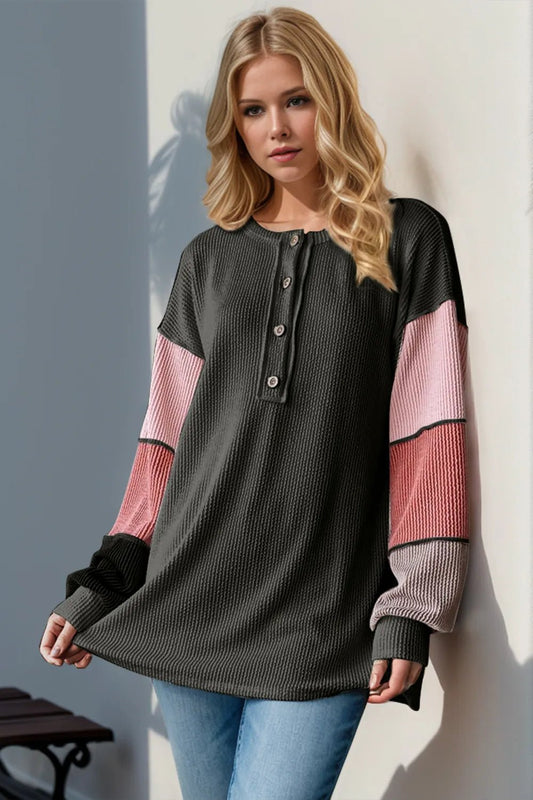 Double Take Full Size Color Block Round Neck Long Sleeve T-Shirt - PBNJ FASHIONS