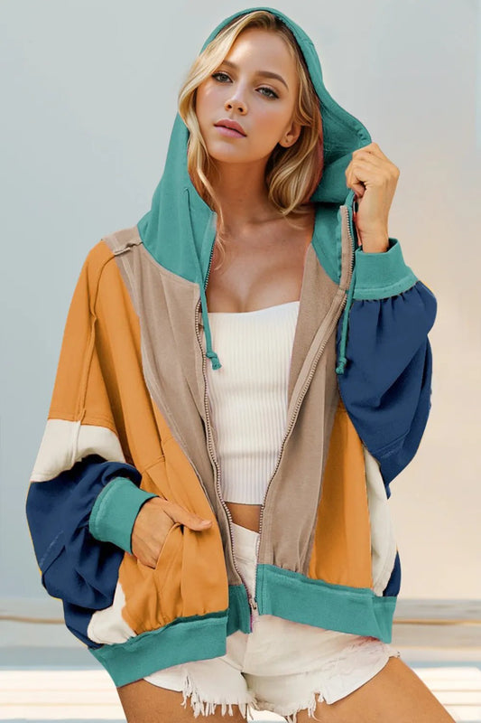 Double Take Full Size Color Block Zip Up Hoodie - PBNJ FASHIONS