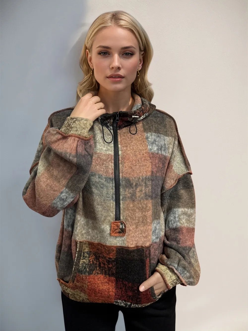 Double Take Full Size Half Zip Exposed Seam Fleece Hoodie - PBNJ FASHIONS