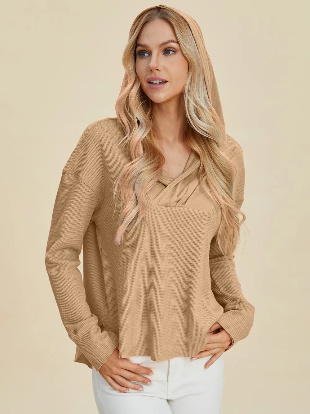 Double Take Full Size High - Low Dropped Shoulder Long Sleeve Hoodie - PBNJ FASHIONS