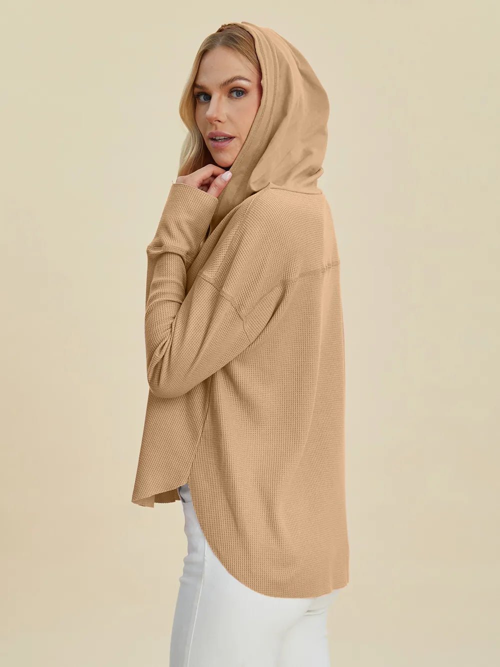 Double Take Full Size High - Low Dropped Shoulder Long Sleeve Hoodie - PBNJ FASHIONS