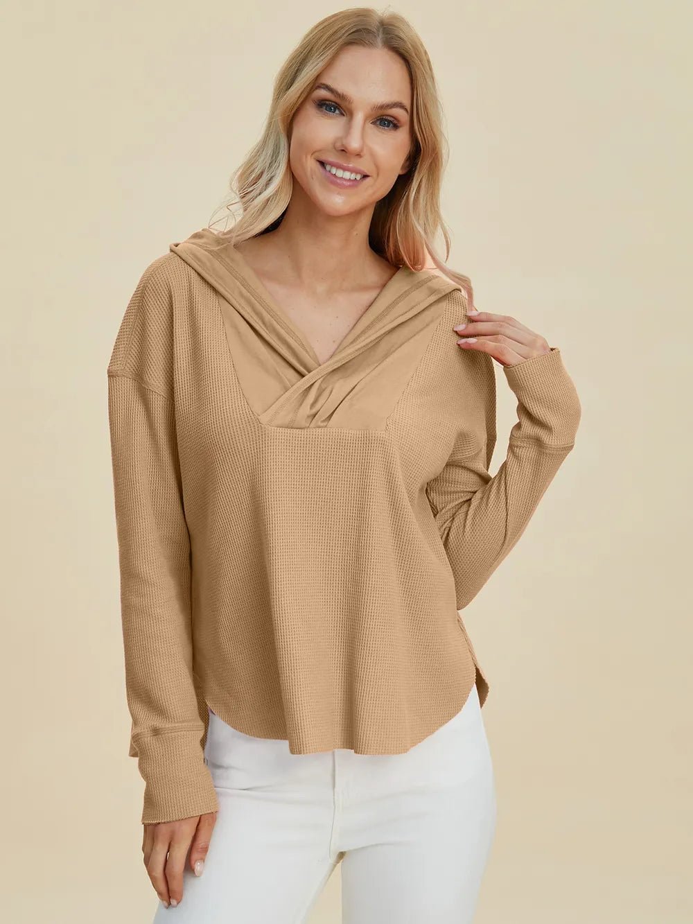 Double Take Full Size High - Low Dropped Shoulder Long Sleeve Hoodie - PBNJ FASHIONS
