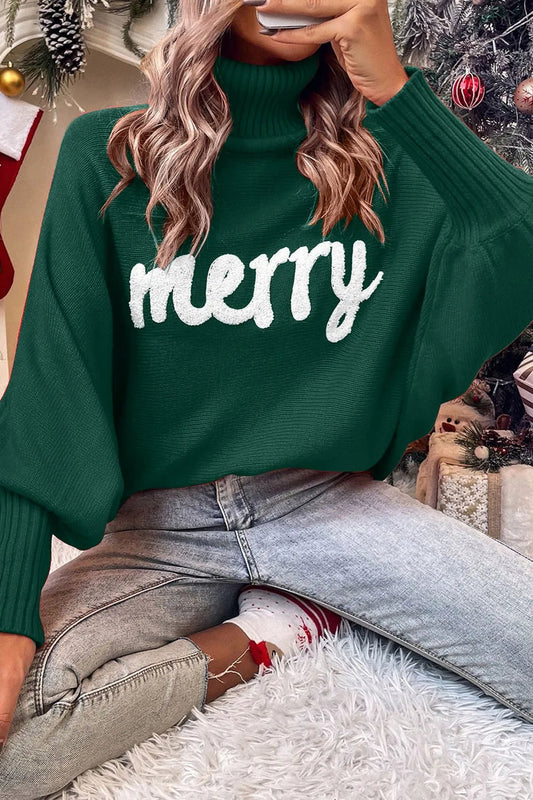 Double Take Full Size Merry Christmas Turtleneck Long Sleeve Sweater - PBNJ FASHIONS