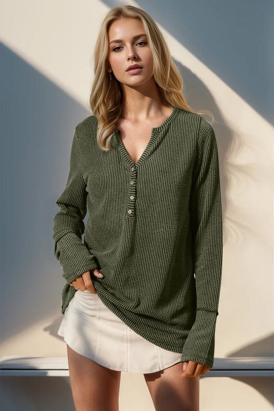 Double Take Full Size Notched Thumbhole Long Sleeve T-Shirt - PBNJ FASHIONS