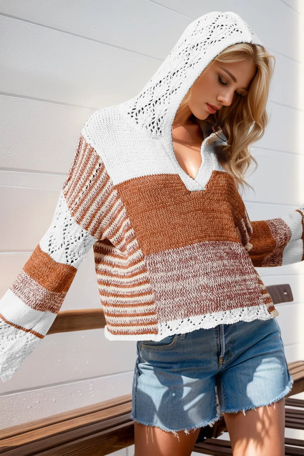 Double Take Full Size Openwork Contrast Long Sleeve Hooded Sweater - PBNJ FASHIONS
