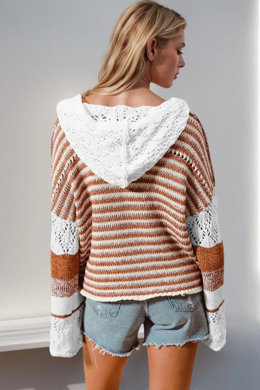 Double Take Full Size Openwork Contrast Long Sleeve Hooded Sweater - PBNJ FASHIONS