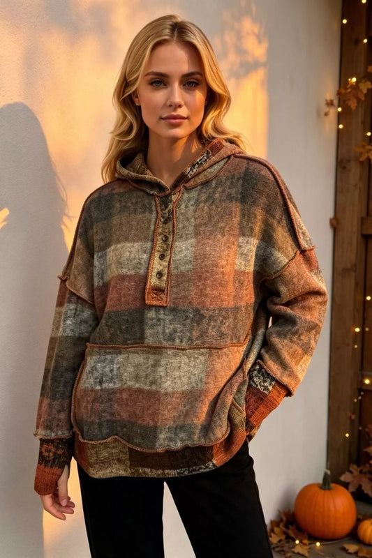 Double Take Full Size Plaid Dropped Shoulder Fleece Hoodie Plus Size - PBNJ FASHIONS