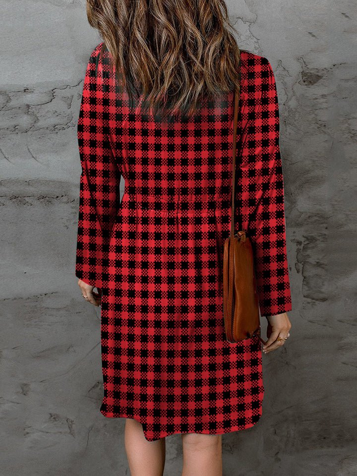 Double Take Full Size Plaid Round Neck Long Sleeve Magic Dress - PBNJ FASHIONS