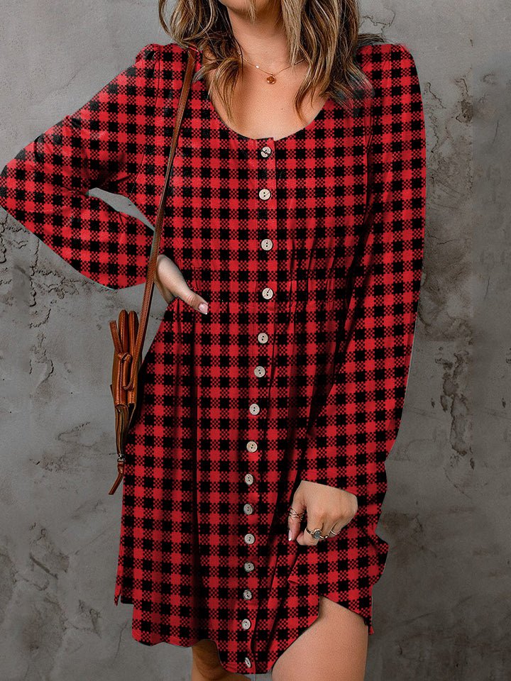 Double Take Full Size Plaid Round Neck Long Sleeve Magic Dress - PBNJ FASHIONS